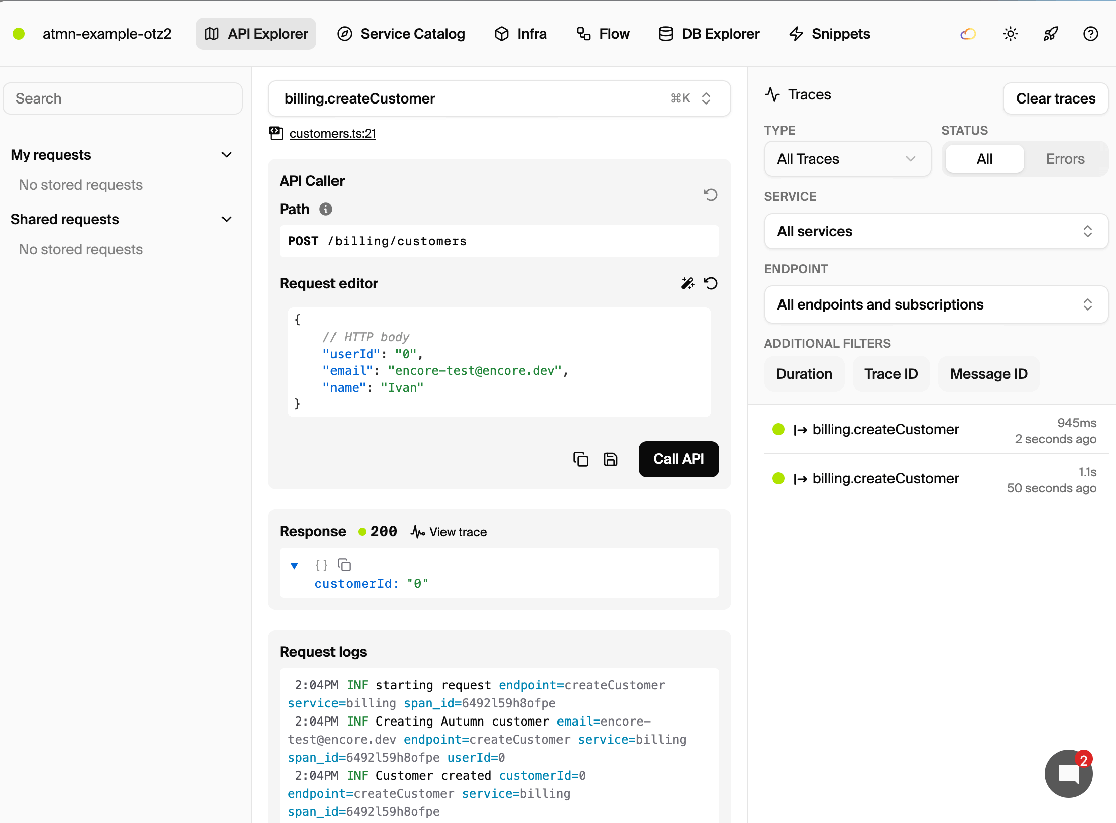 Encore API Explorer testing the billing endpoints