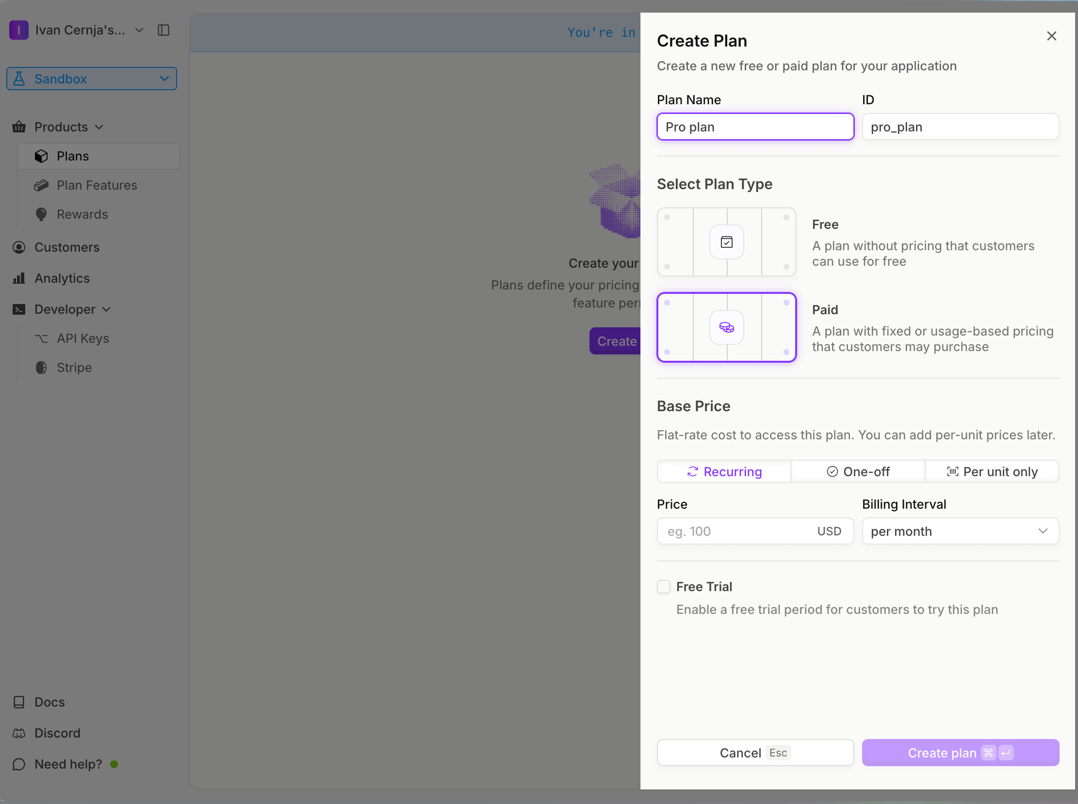 Autumn dashboard showing the Pro plan configuration