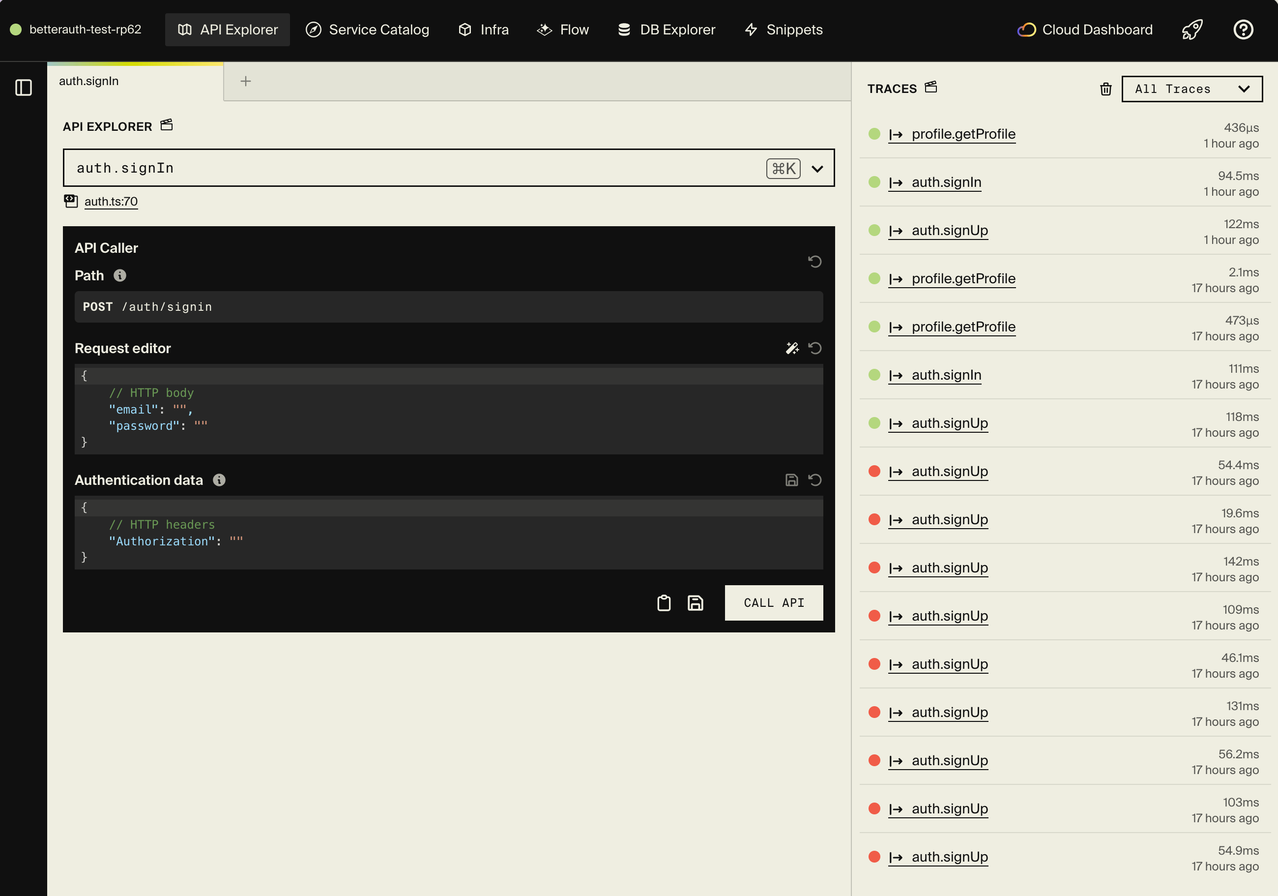 Encore's local development dashboard showing API Explorer, traces, and Drizzle Studio