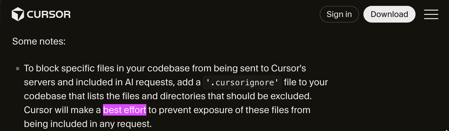 Cursor's security page describing .cursorignore as best effort