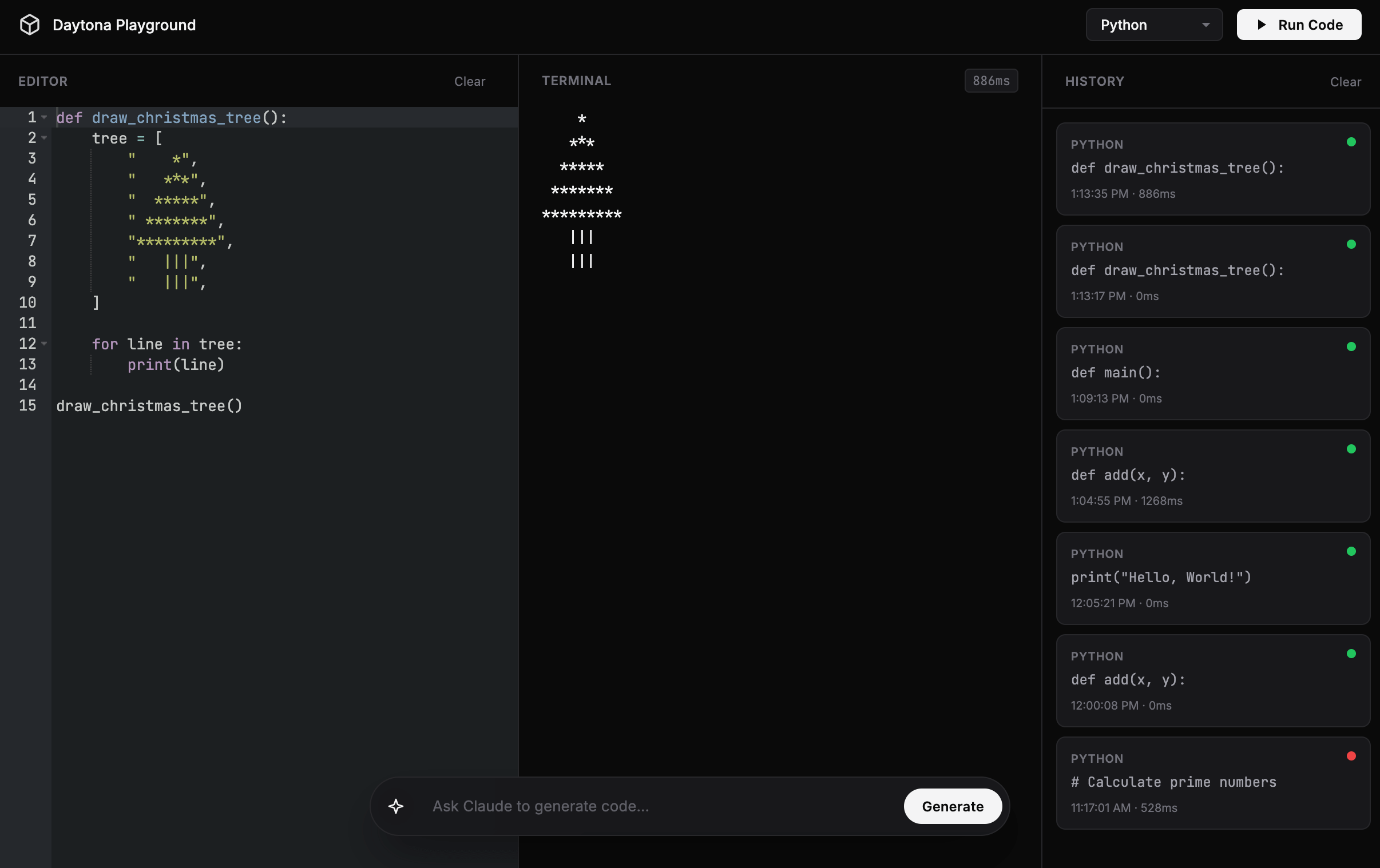 Daytona code playground with AI code generation