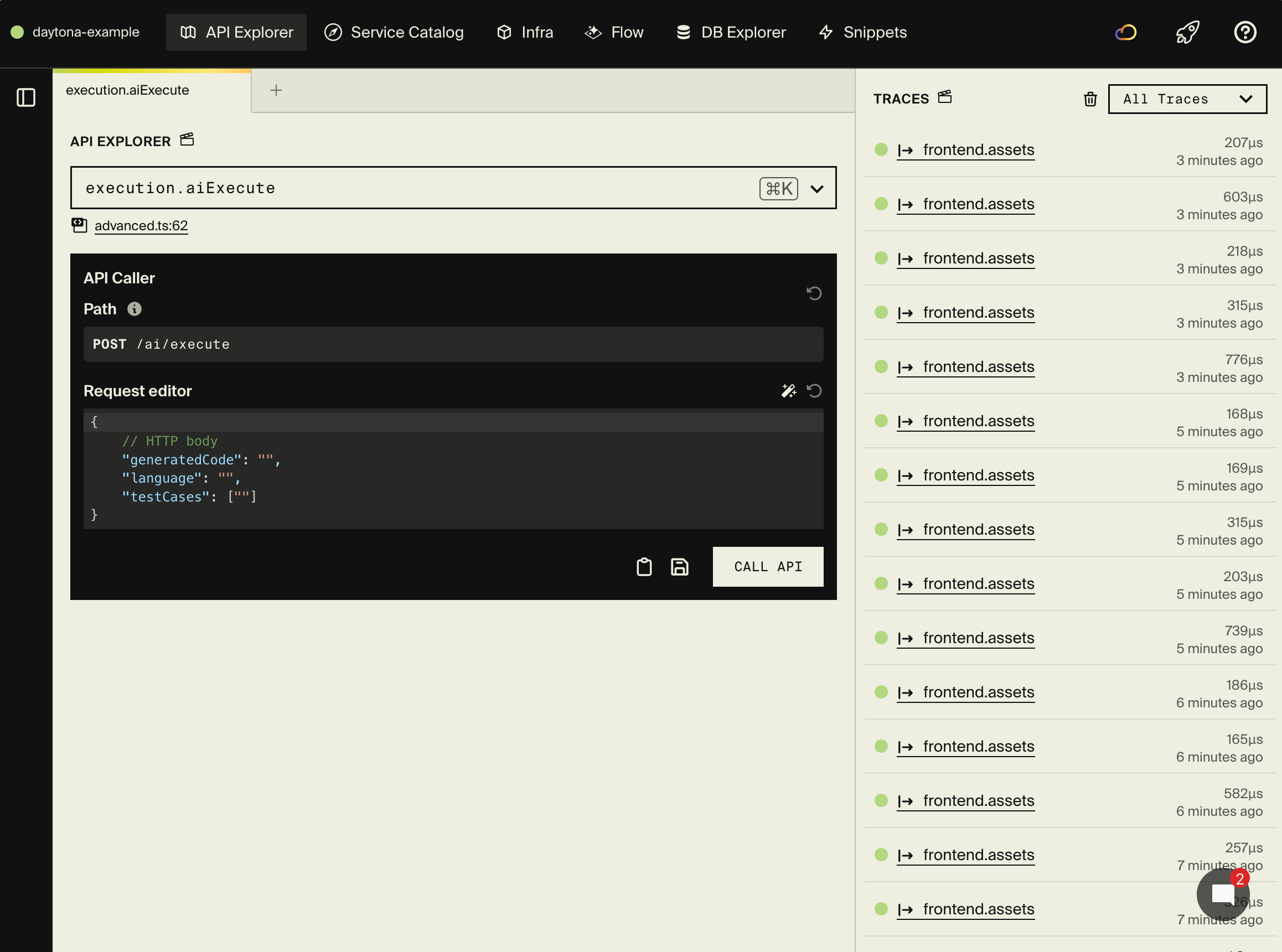 Encore local dashboard showing code execution API