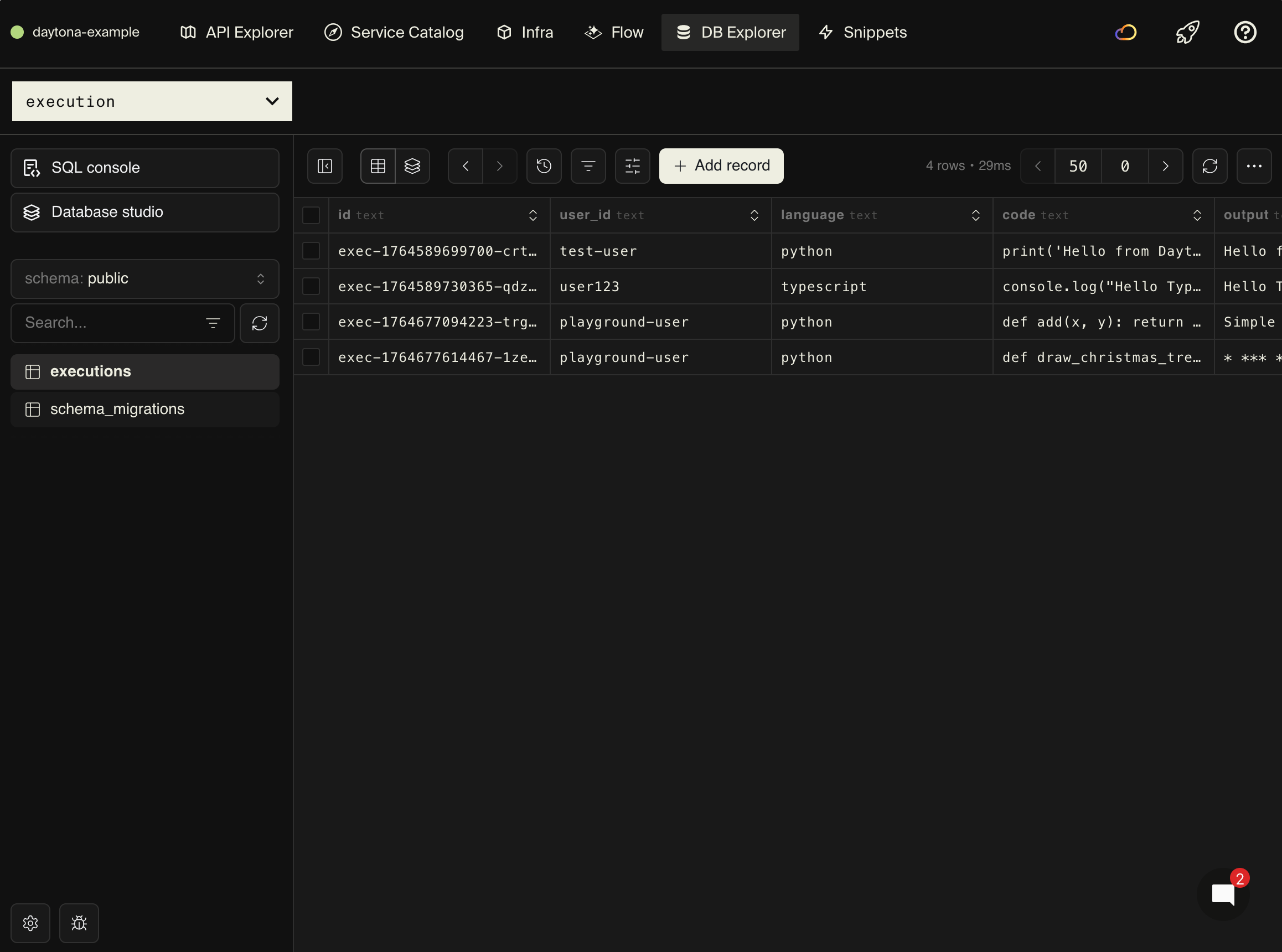 Encore database explorer showing execution history