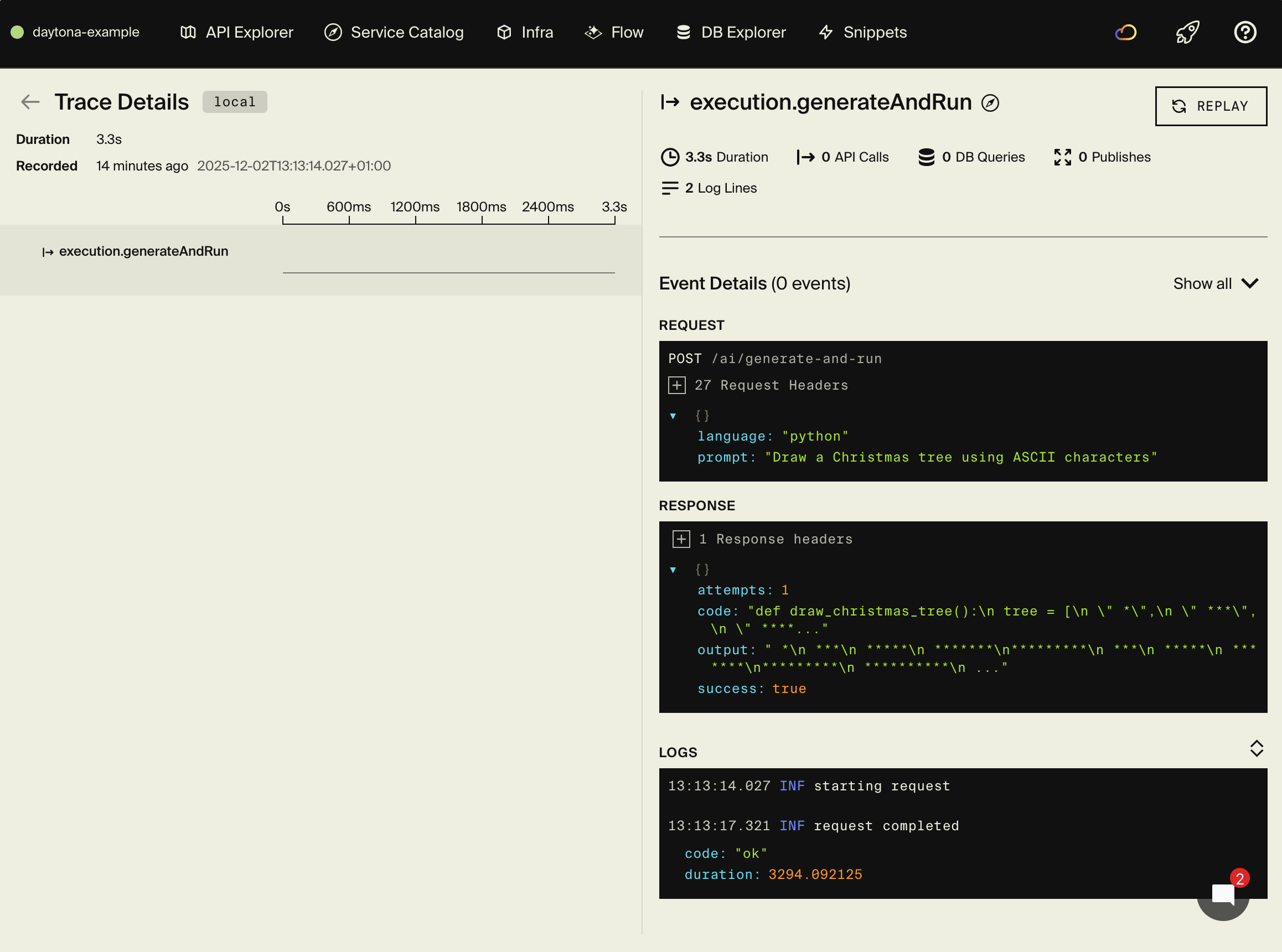 Encore distributed tracing showing Daytona sandbox lifecycle