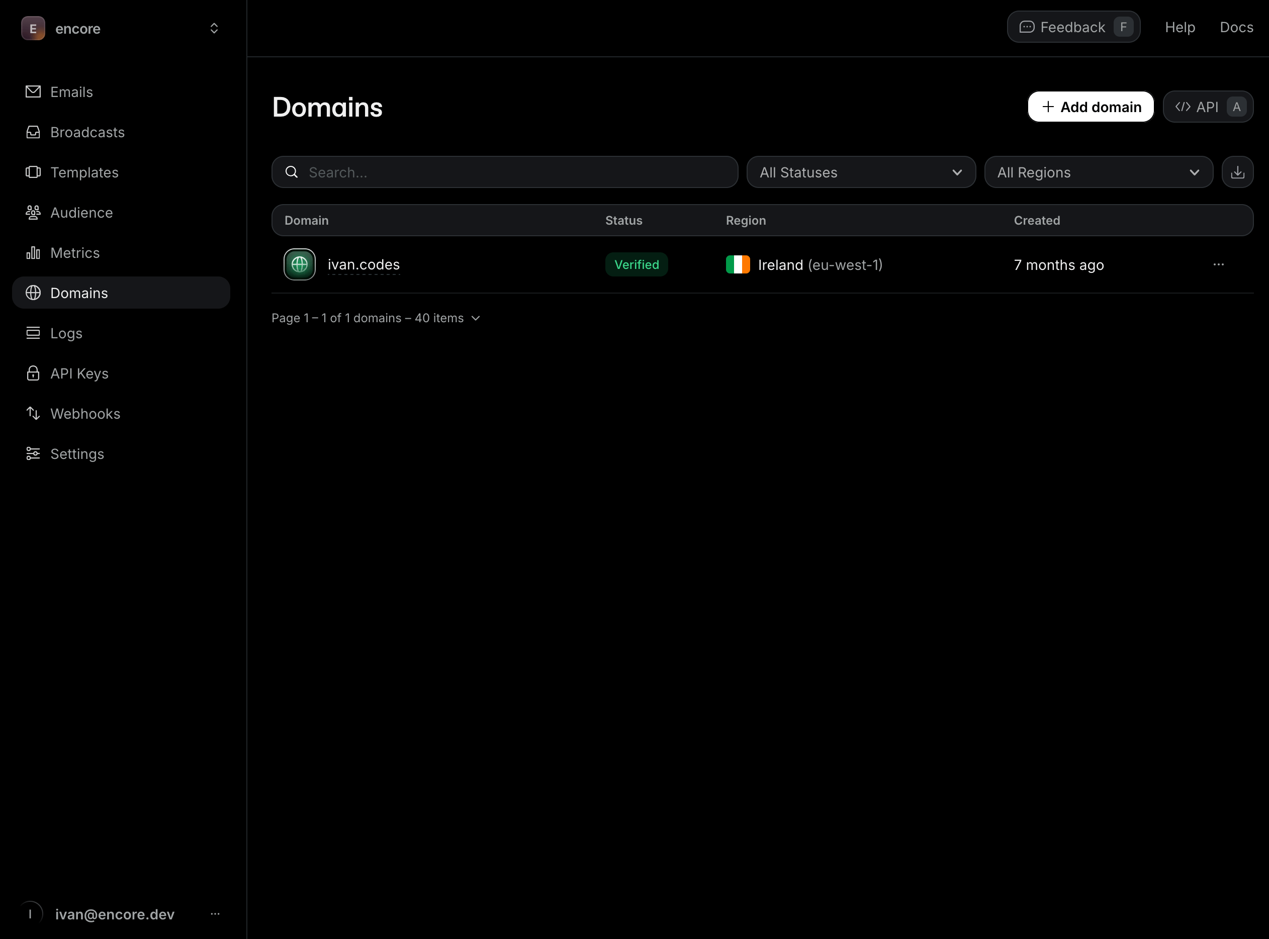 Encore Domains Dashboard
