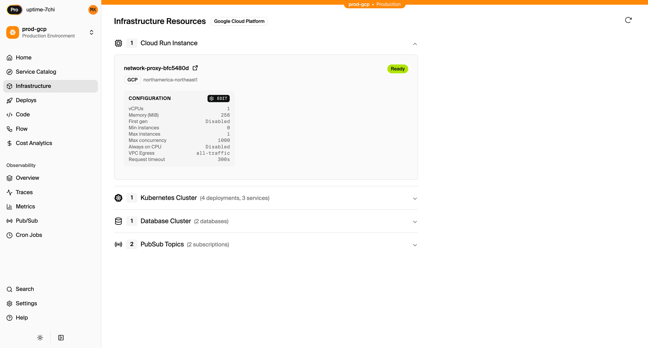 Infrastructure dashboard showing provisioned resources and configuration
