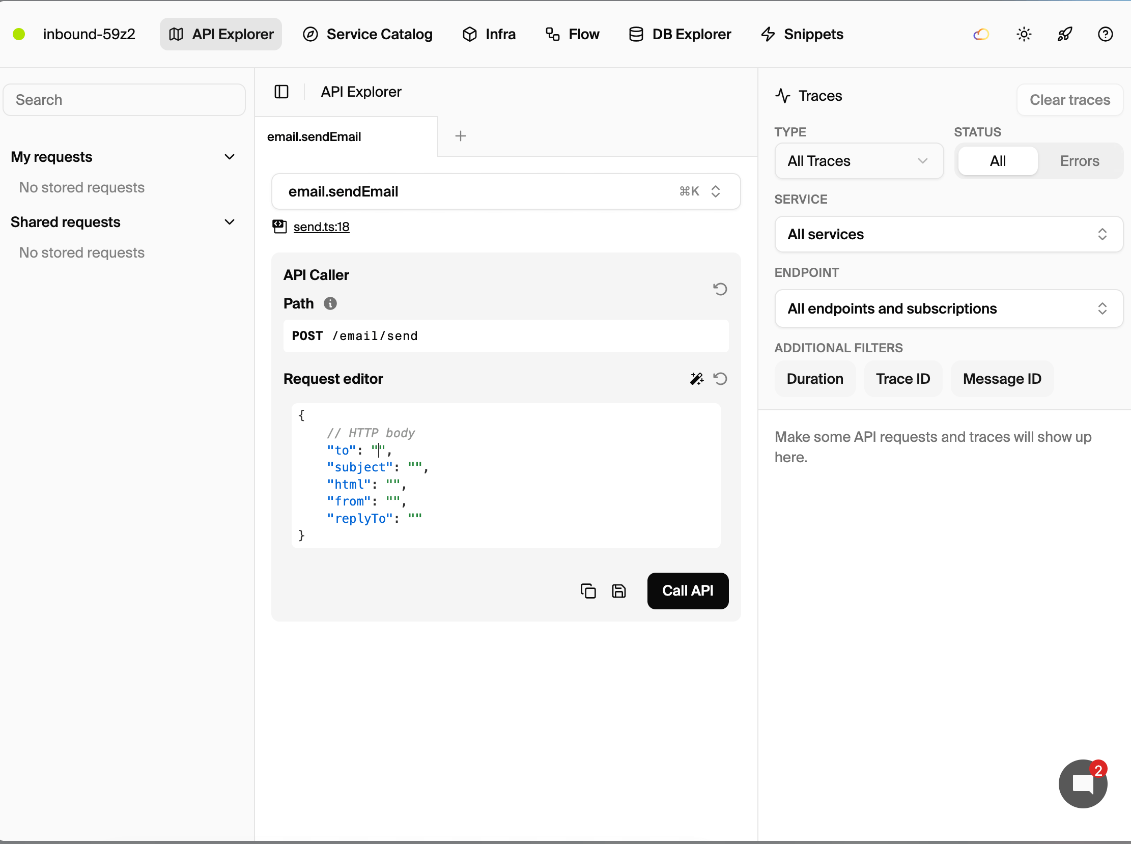 Encore local dashboard showing the email API endpoints