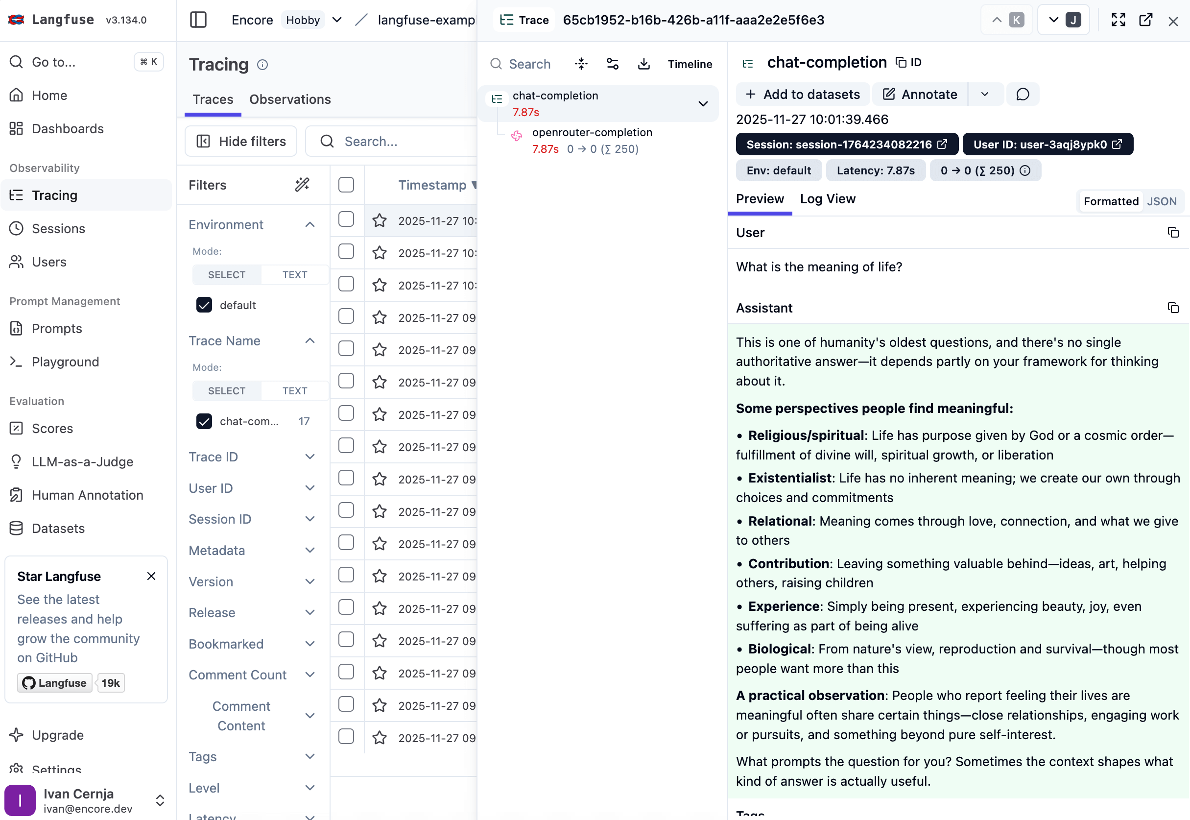 LangFuse dashboard comparing costs and latency across different models