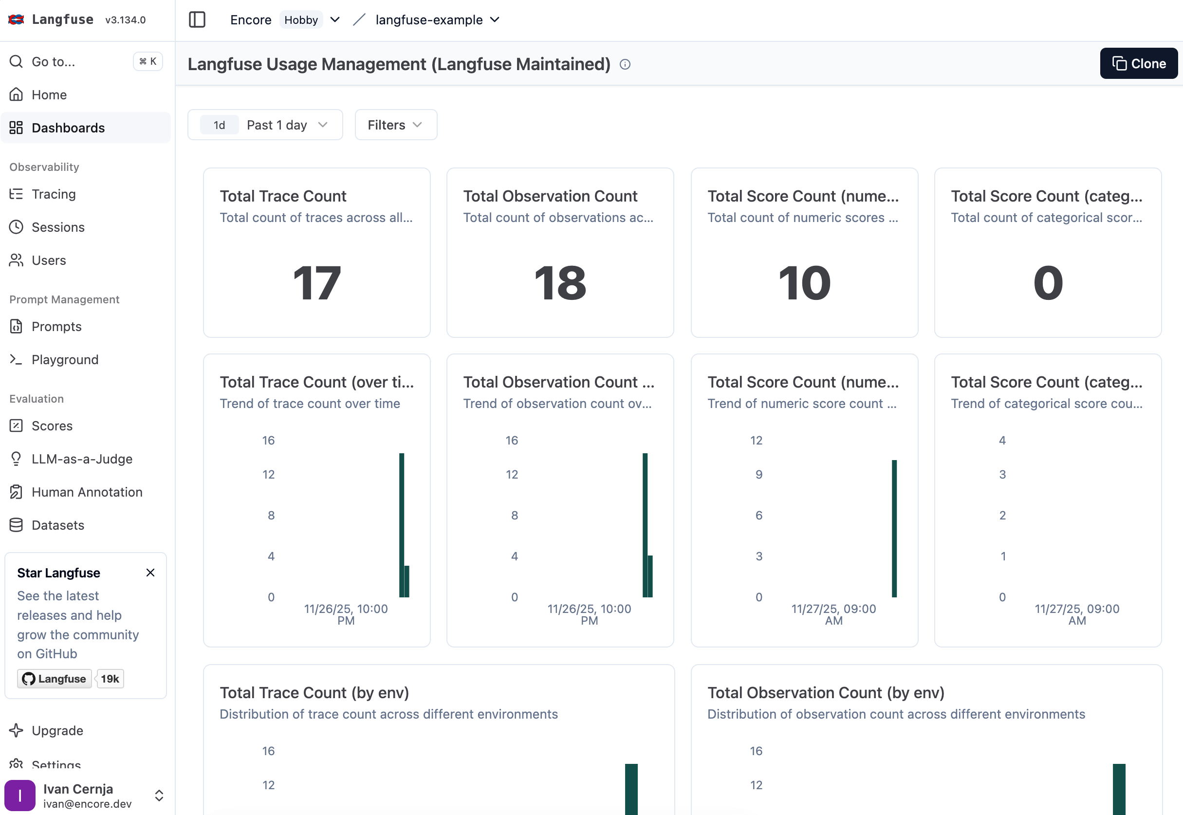 LangFuse trace showing input, output, tokens, cost, and latency