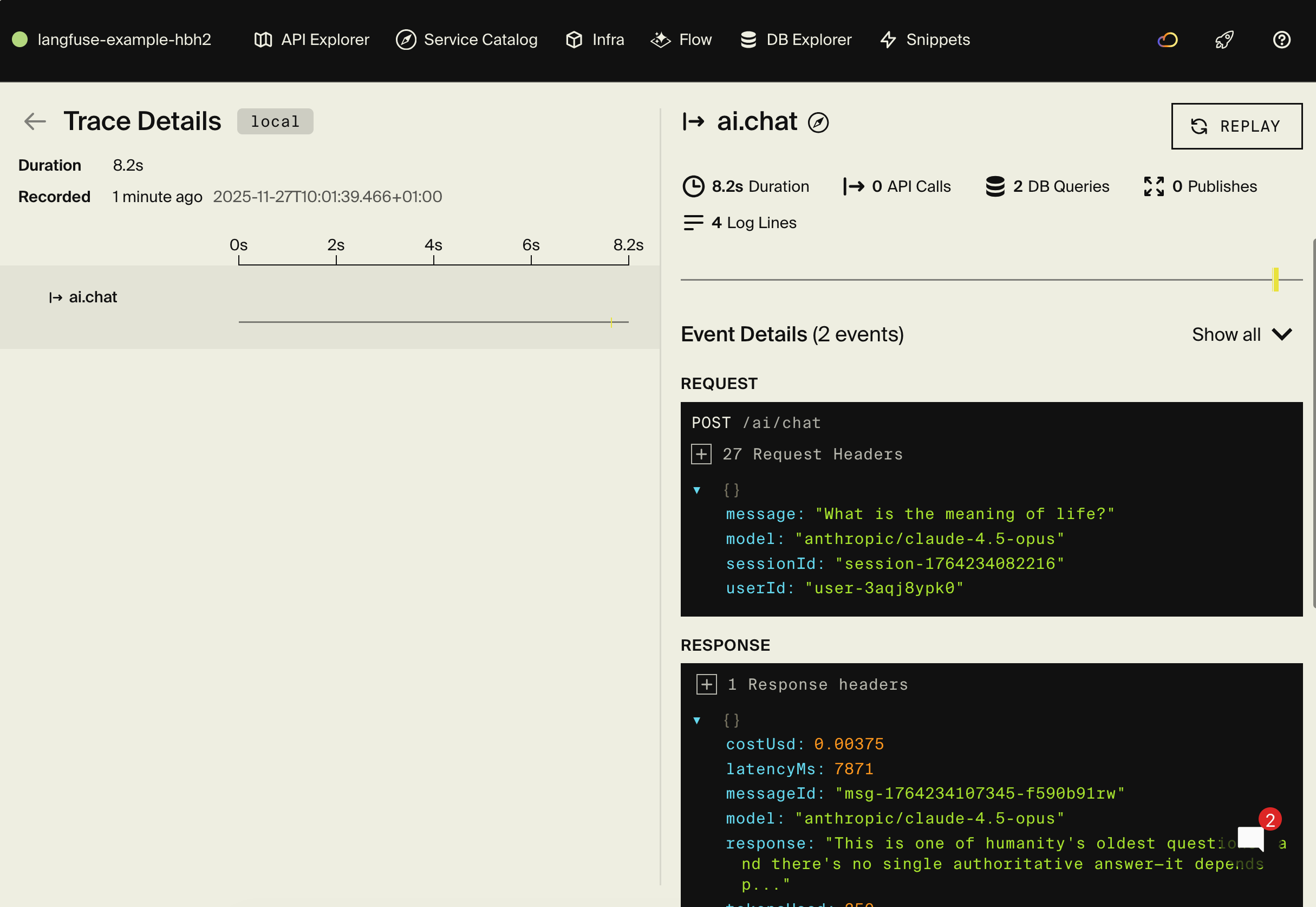 Encore distributed tracing showing OpenRouter and LangFuse API calls