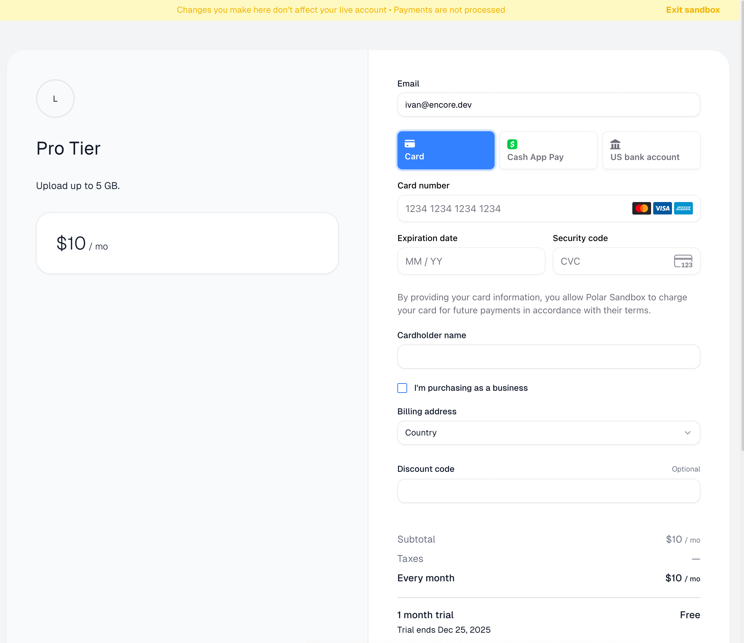 Polar's hosted checkout page in sandbox mode