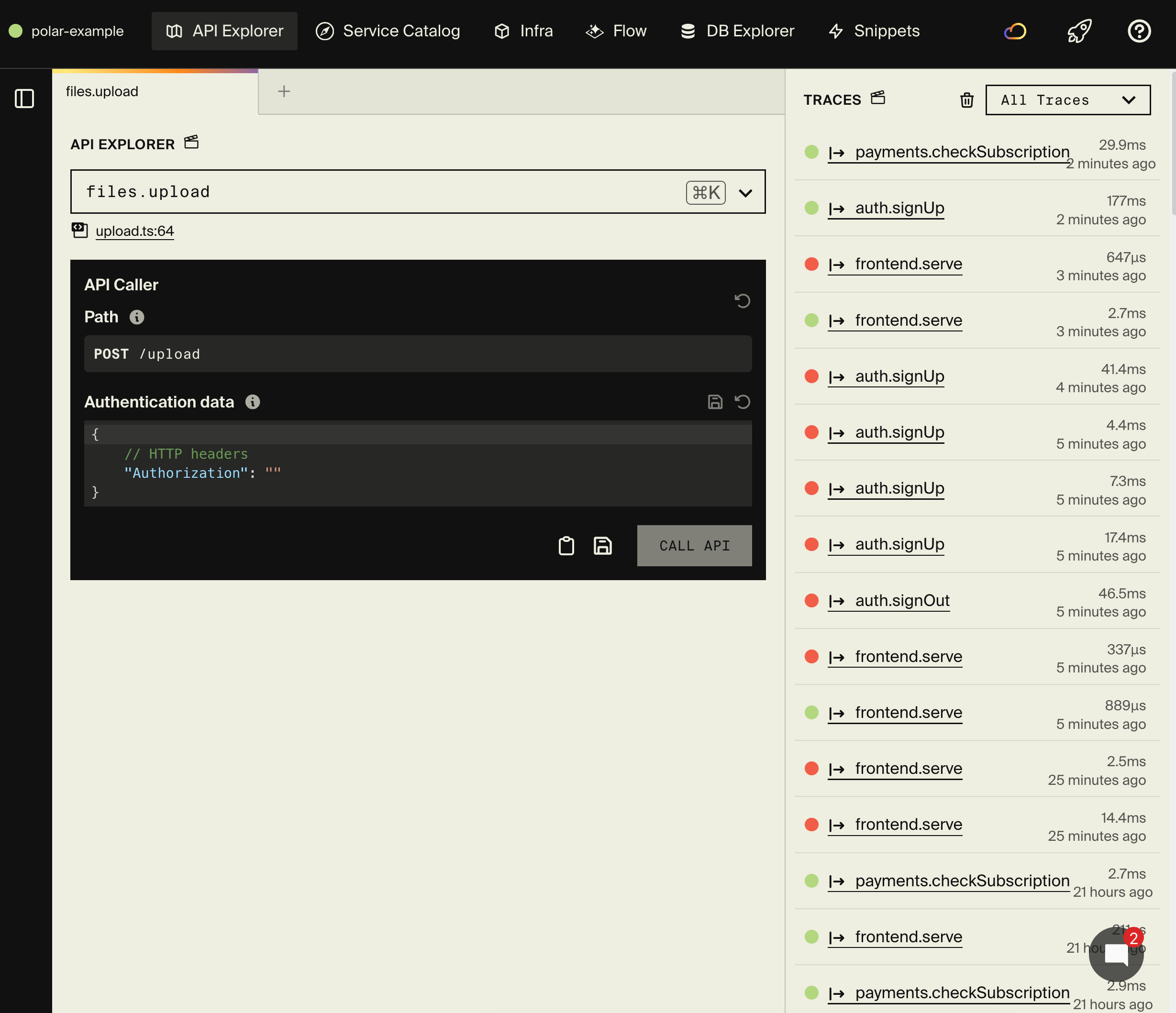 Encore's local development dashboard showing the file sharing API