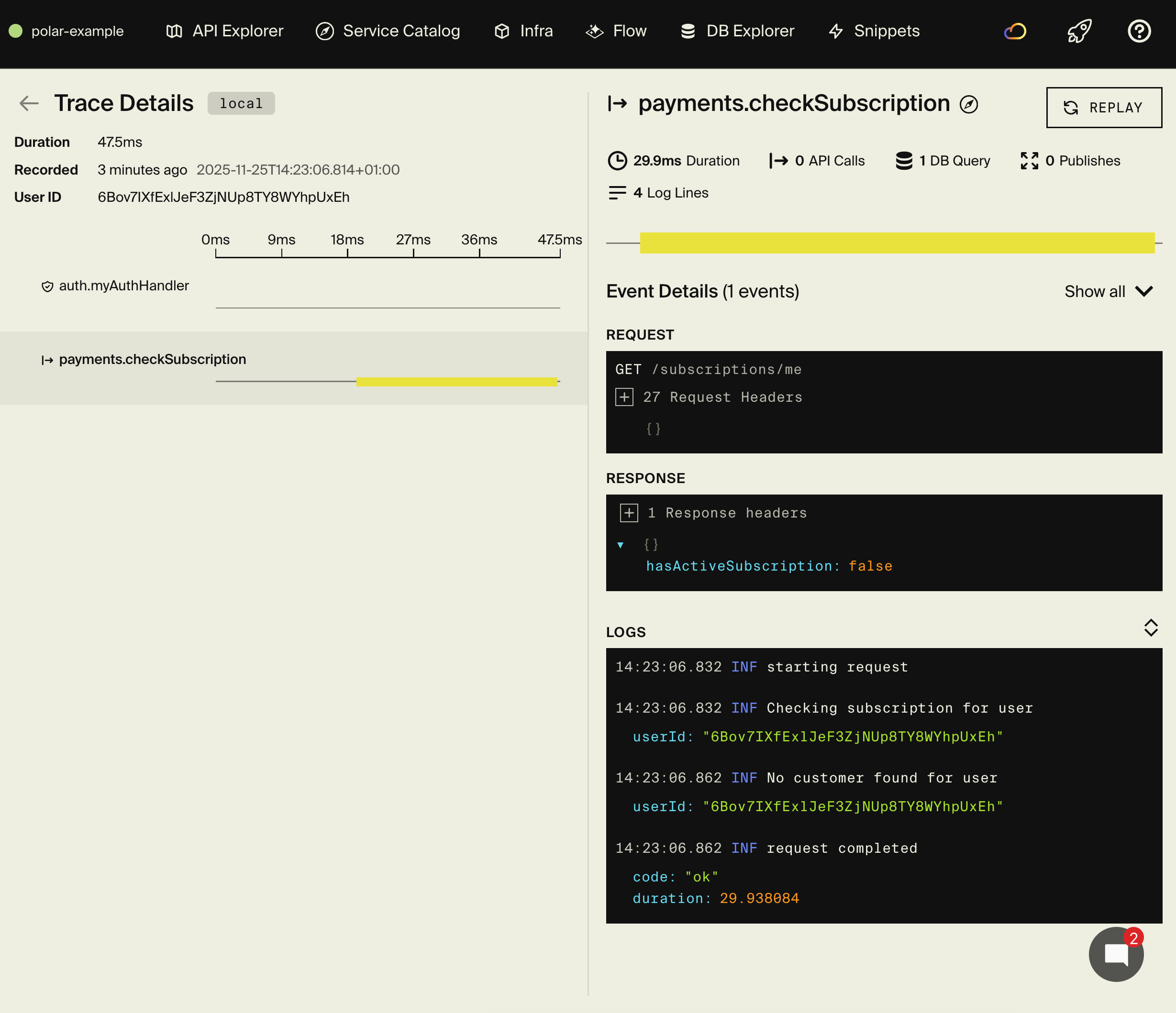 Distributed tracing showing file upload with database queries and storage operations