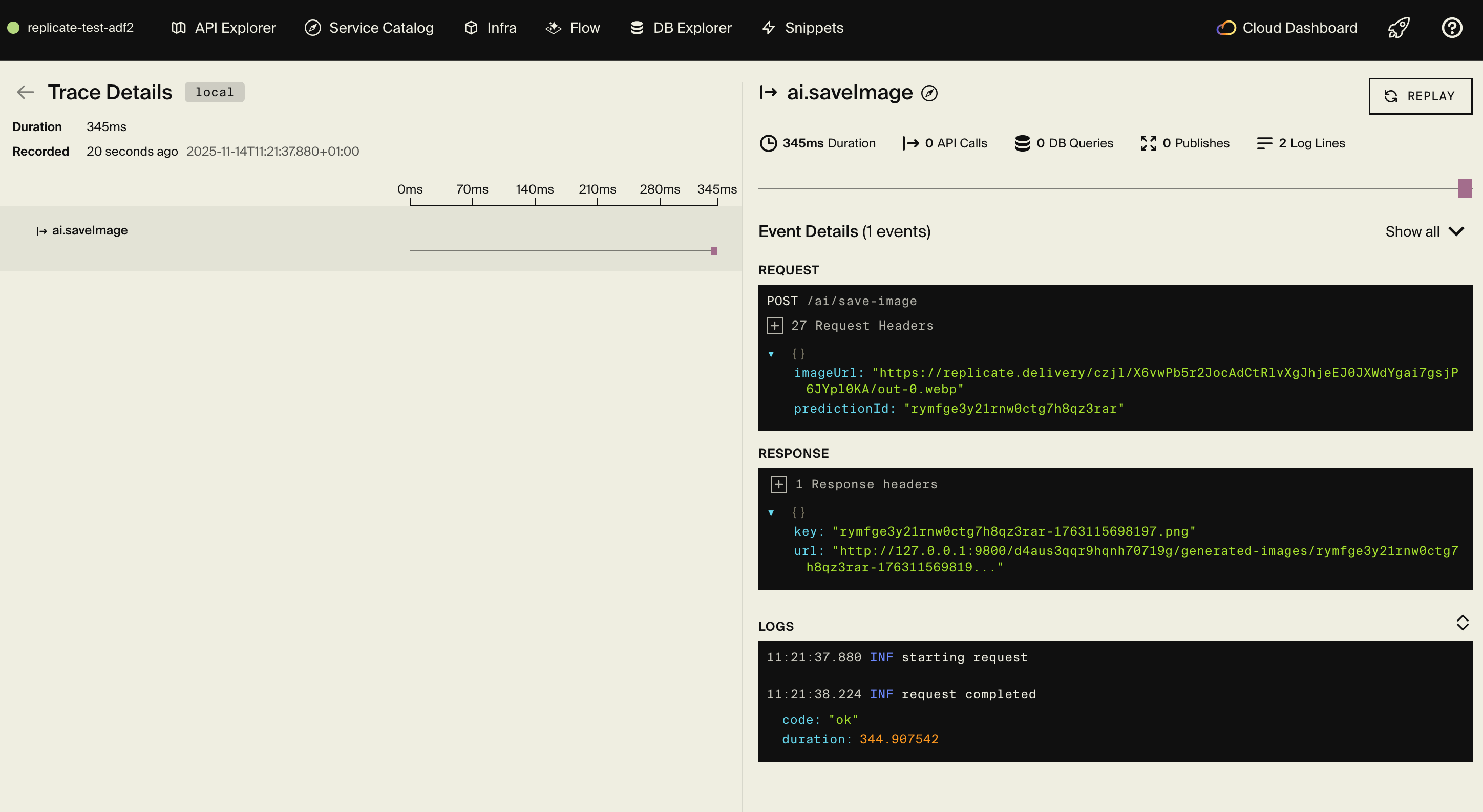 Distributed tracing showing Replicate API call and response
