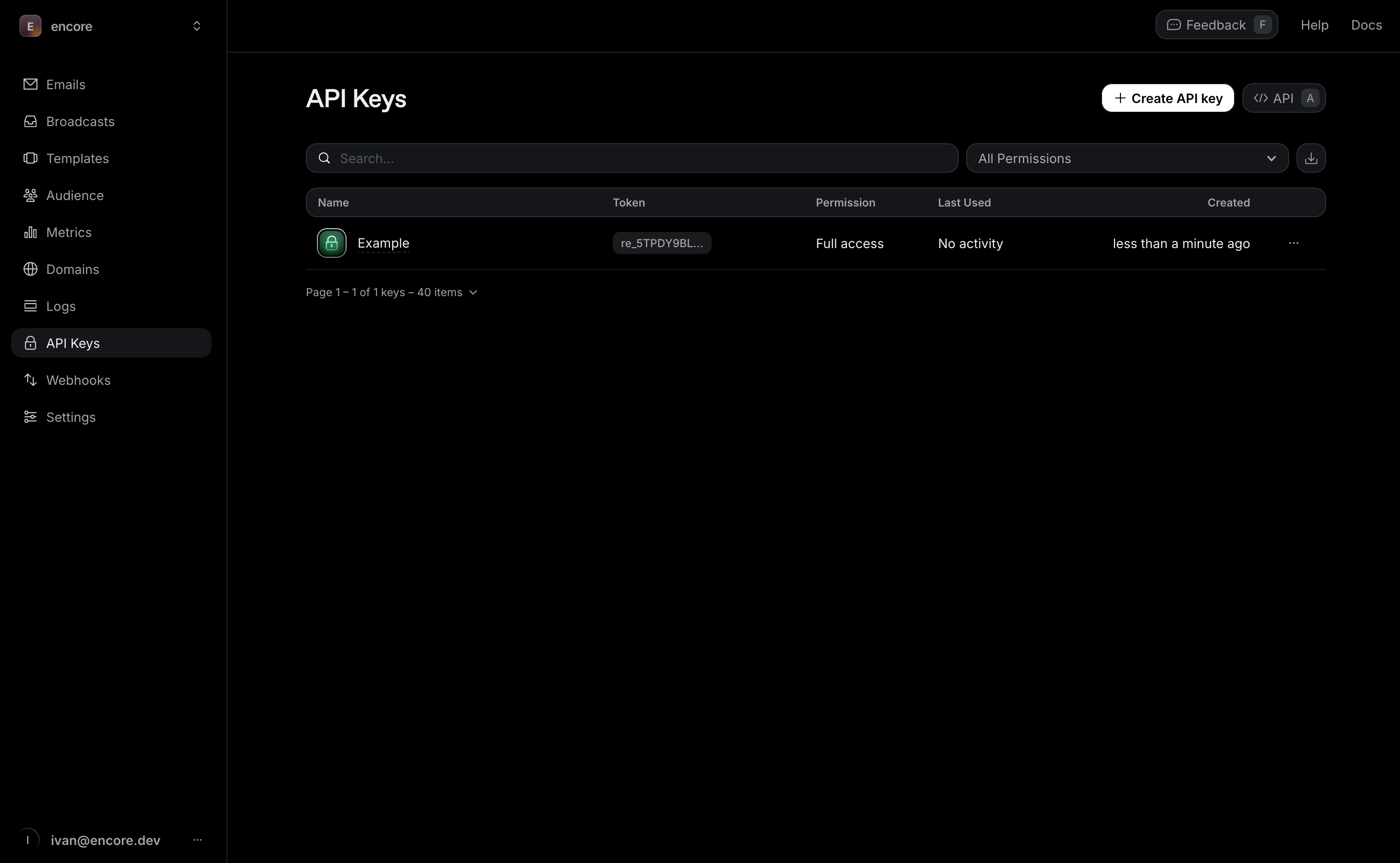 Resend API Keys Dashboard