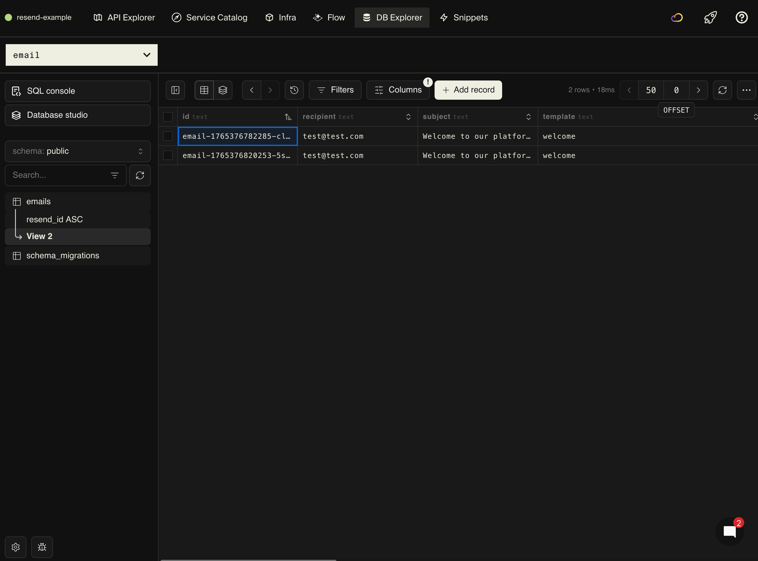 Encore database explorer showing email history