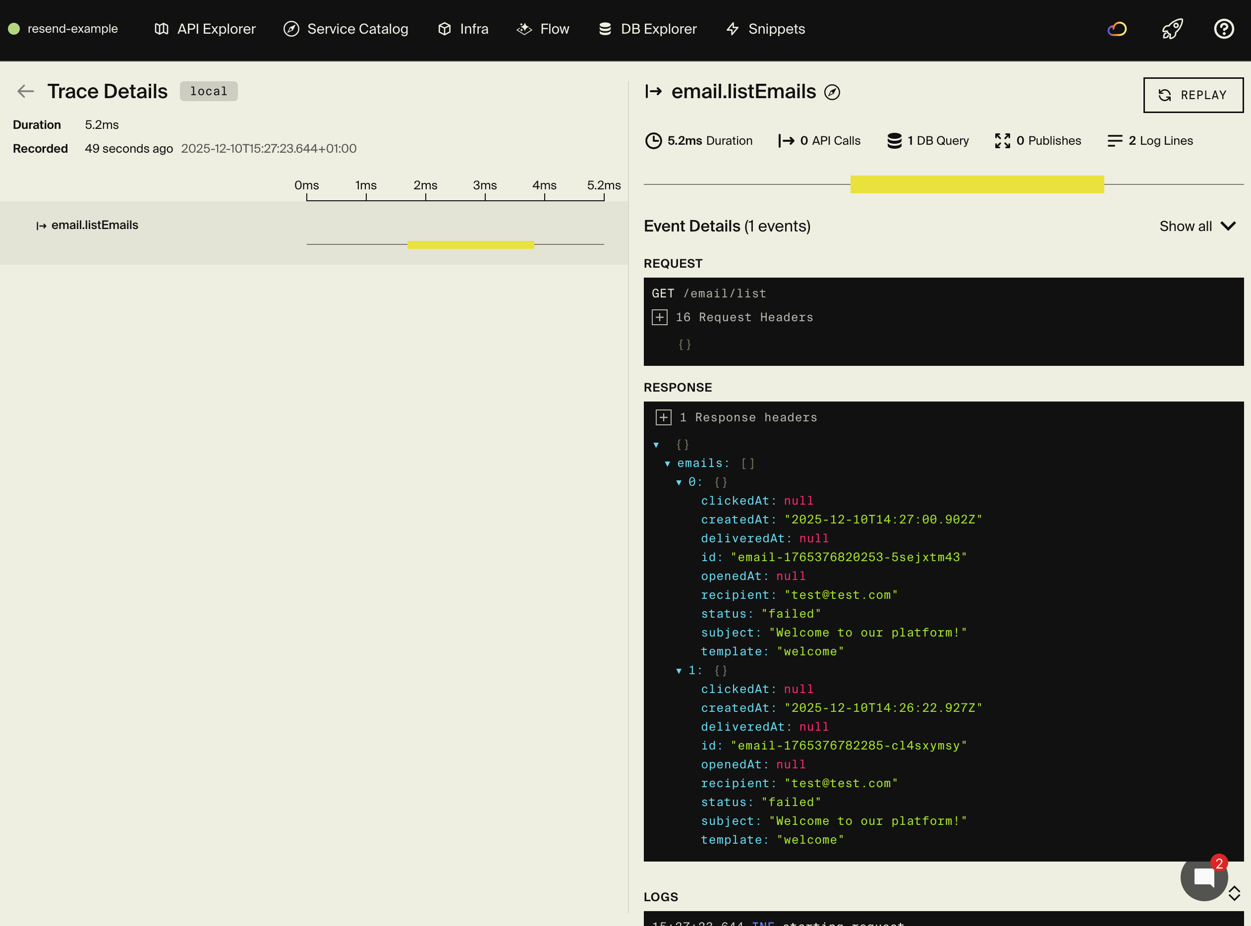 Encore distributed tracing showing email sending flow