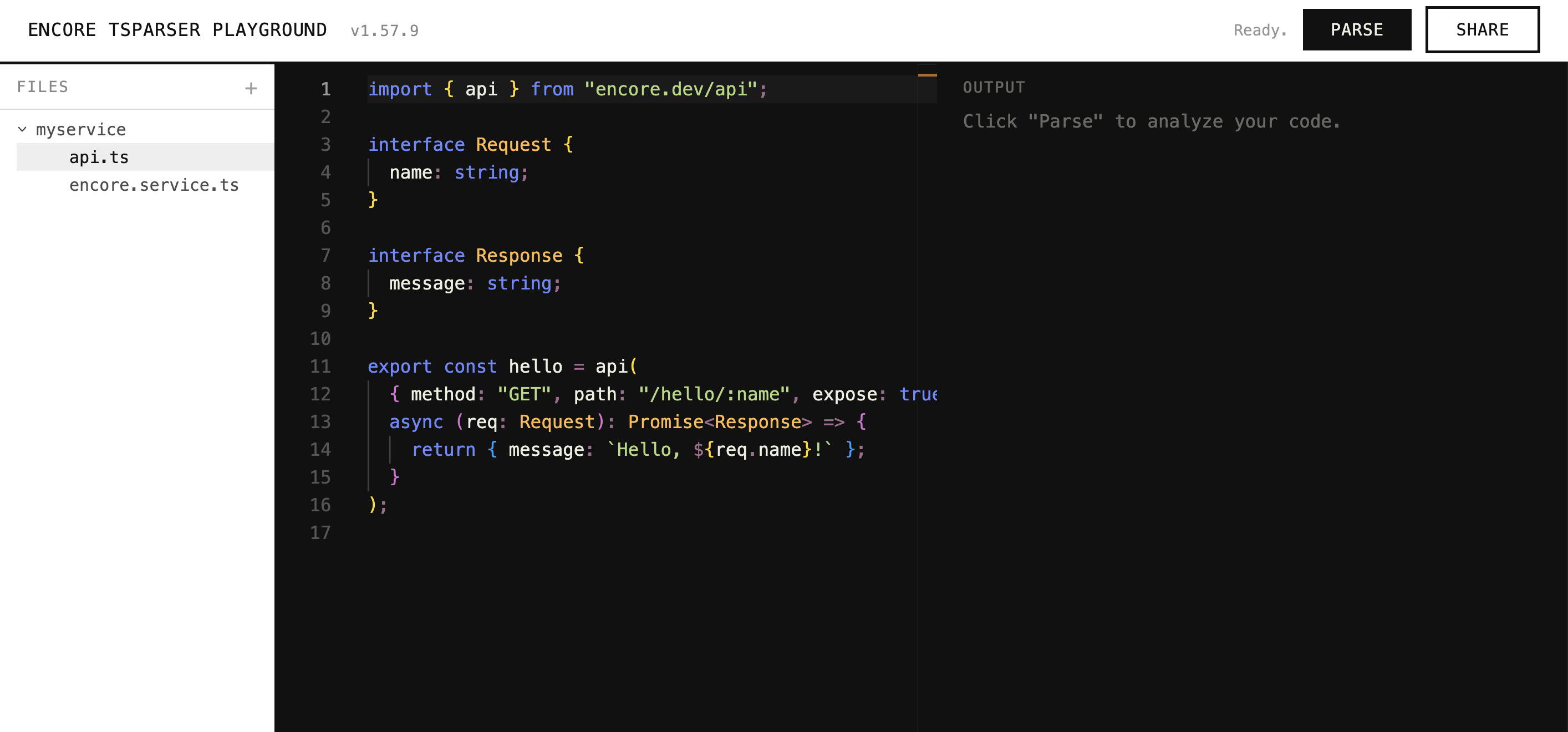 The Encore TSParser playground, with an api() declaration in the editor and the parse output panel on the right