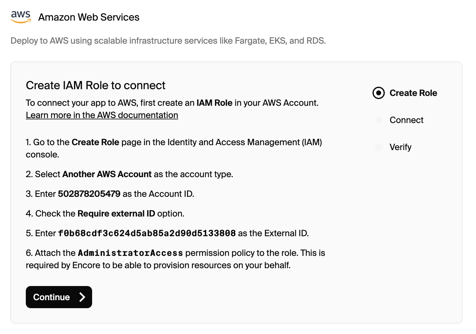 Connect your AWS account to Encore