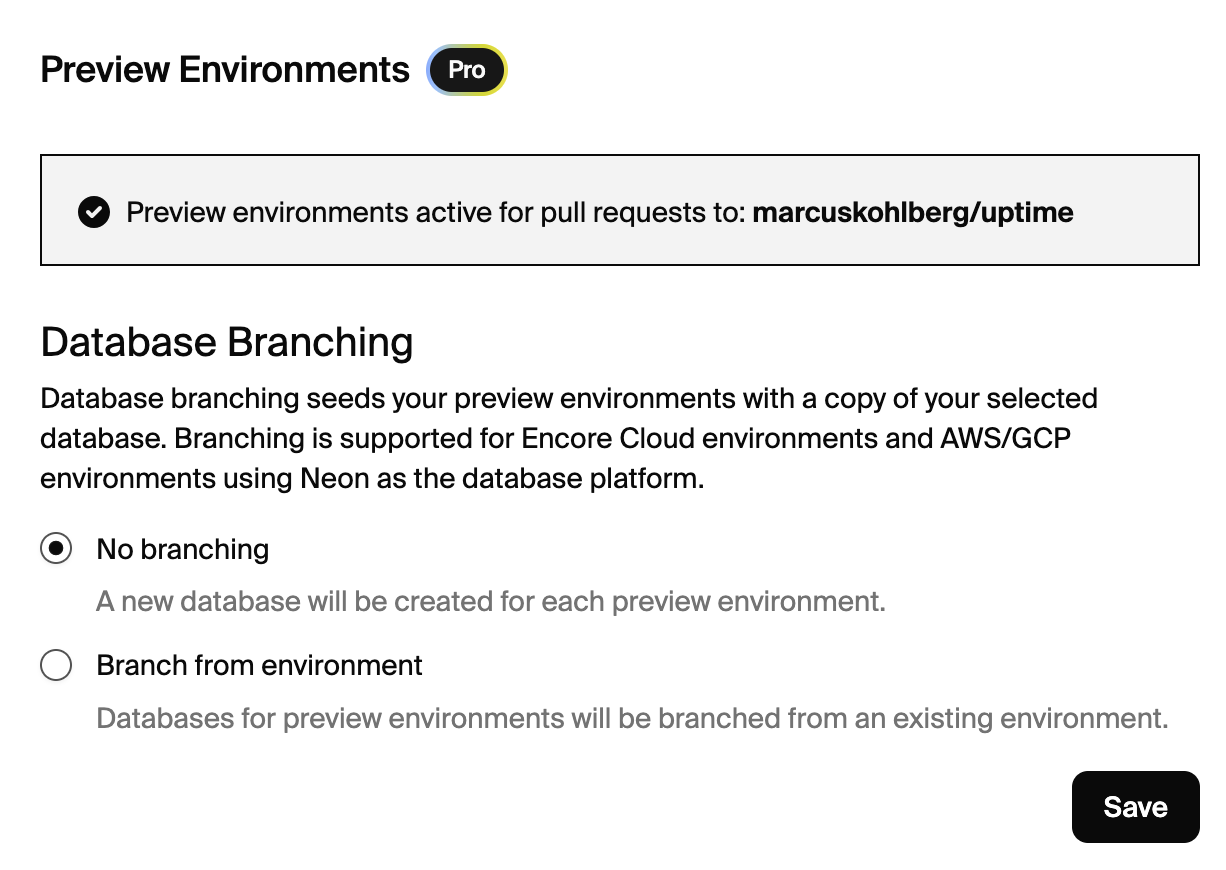 Preview environment branches in Encore