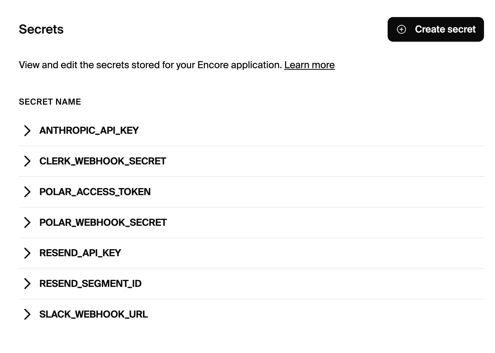 Encore secrets management interface