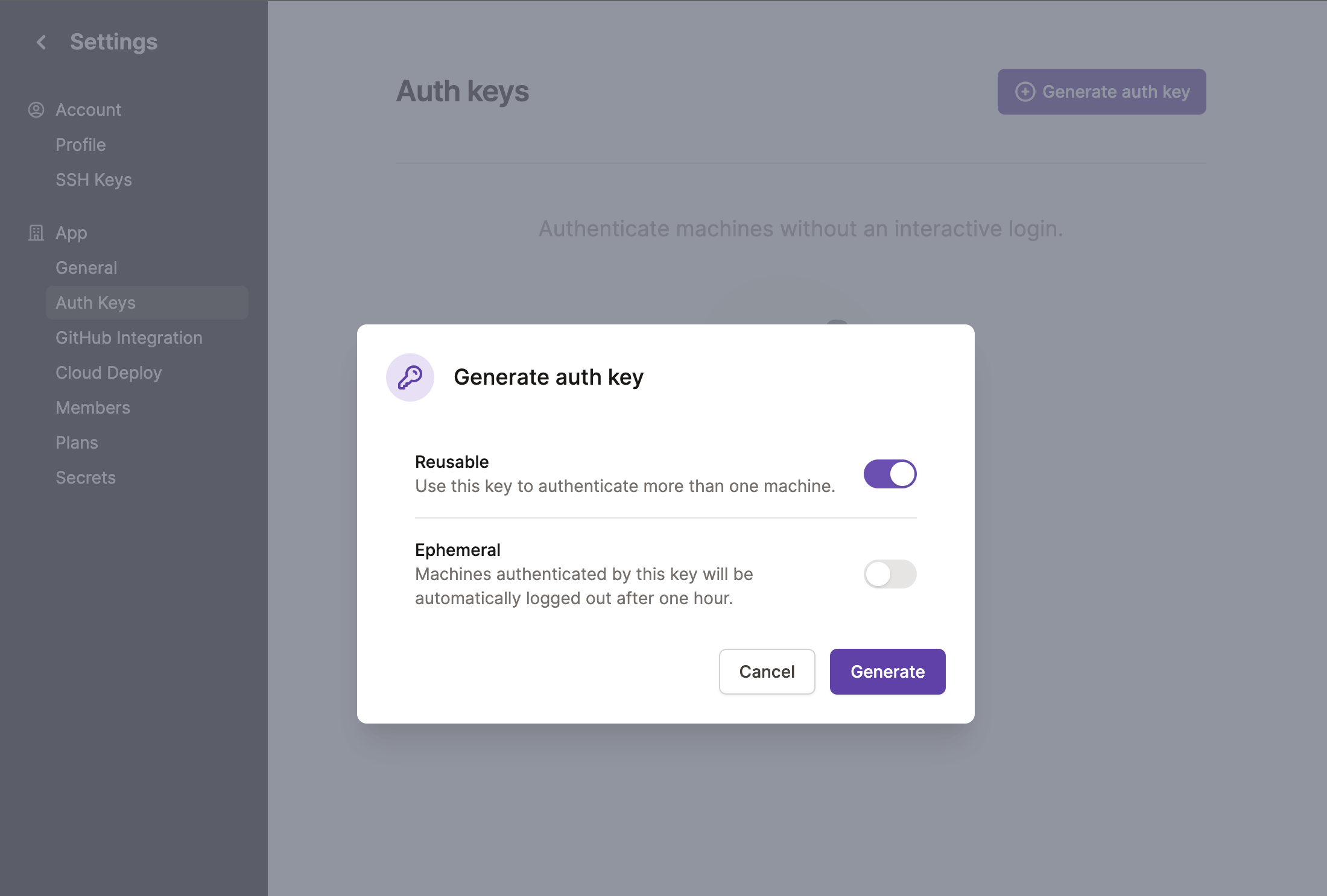 Generate Auth key screenshot